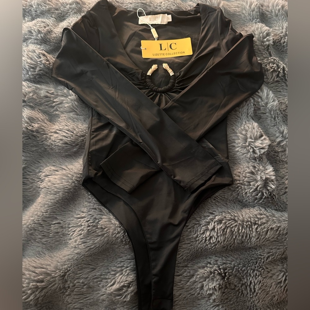 Black Long Sleeve Bodysuit with Snake Neckline